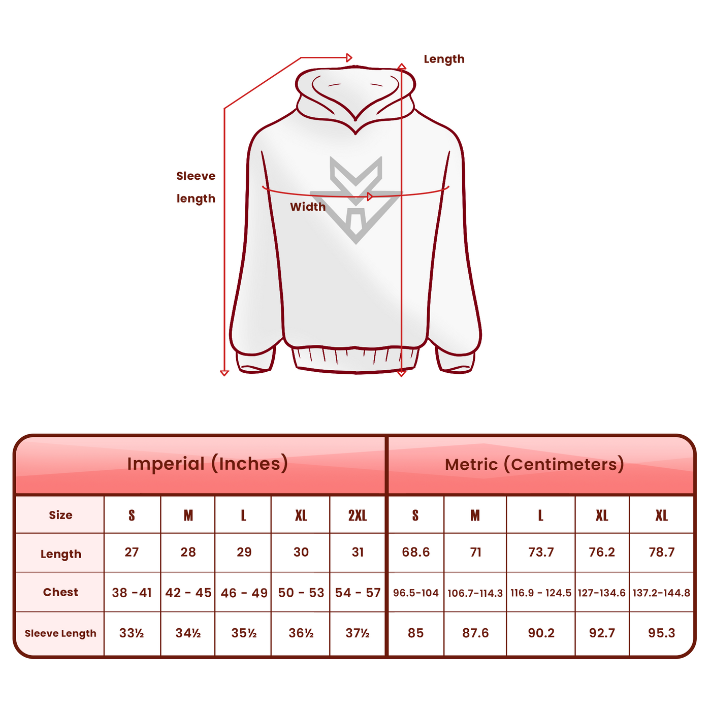 Adult size chart for AllSeer Hoodie