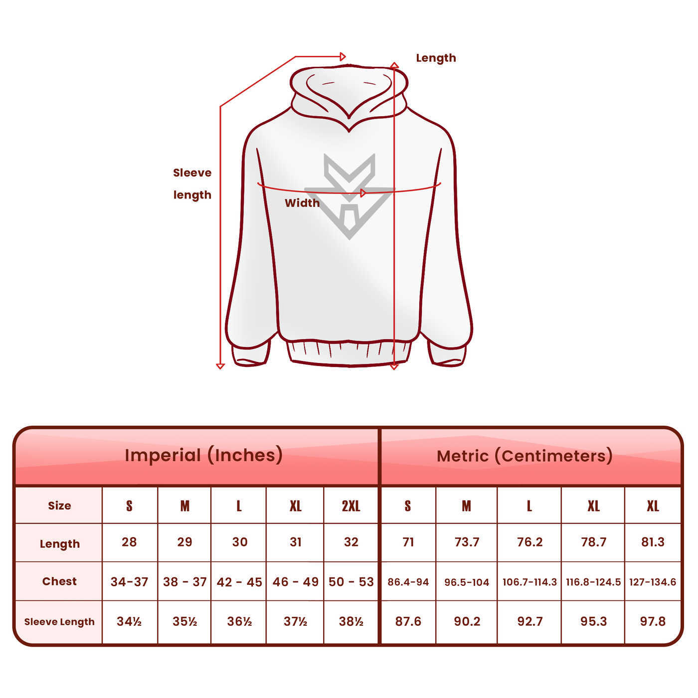 Adult size chart for AllSeer Monster Type Adult Hoodie
