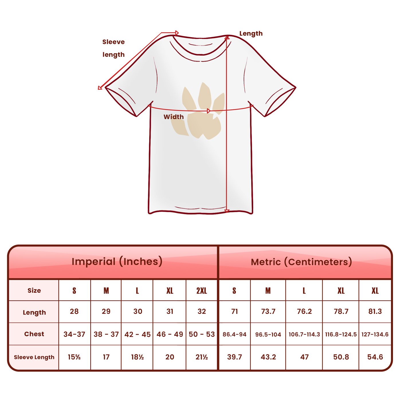Adult size chart for Dimensional Tee