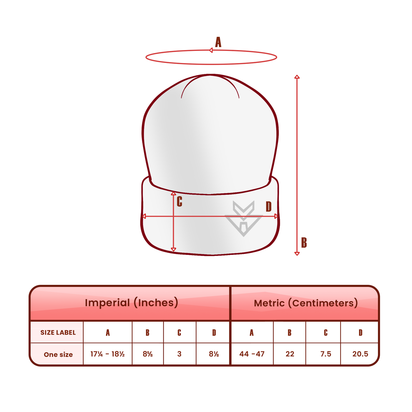 Beanie size chart for Gloom's Beanie
