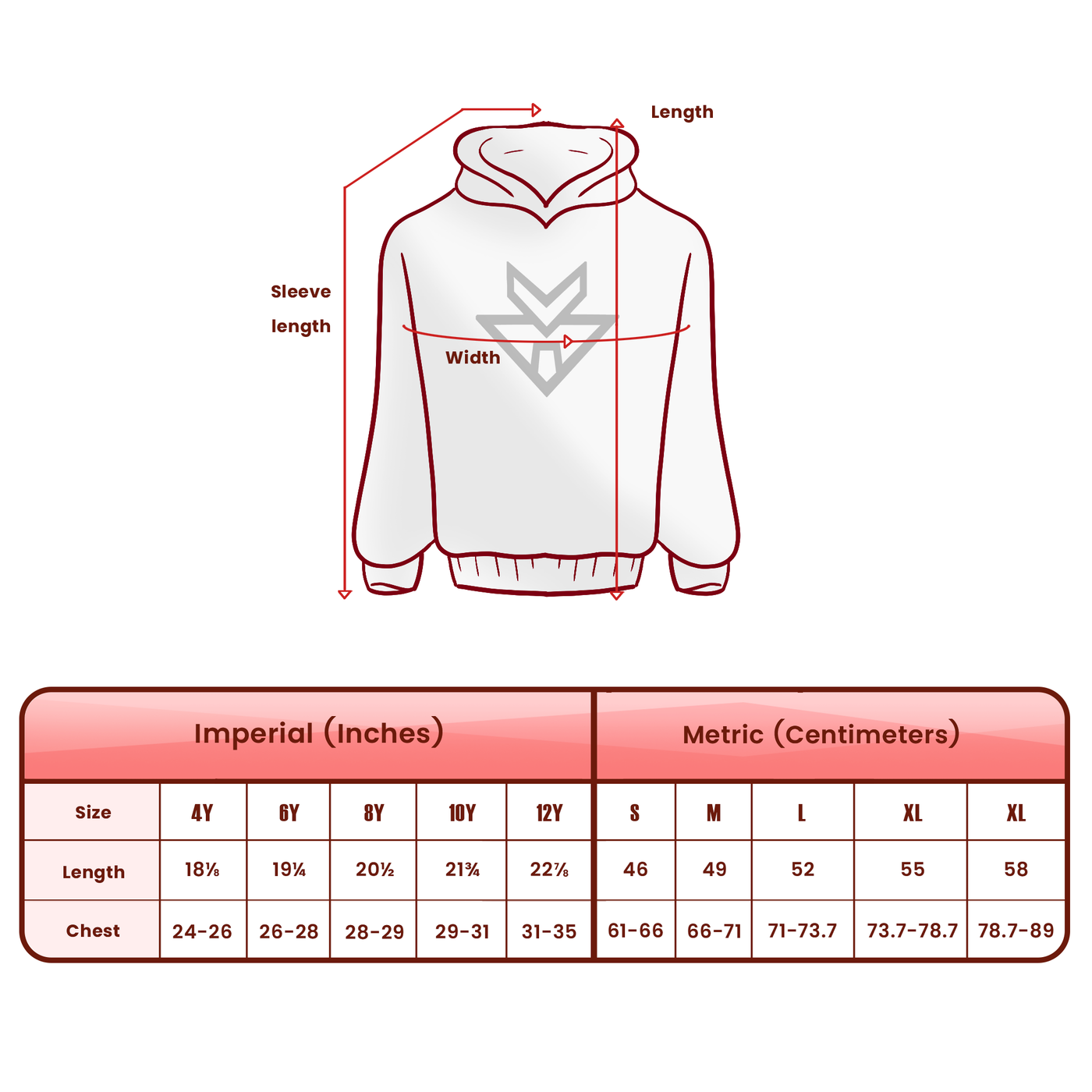 Kids Eco Hoodie size chart for AllSeer Monster Type Kid Hoodie