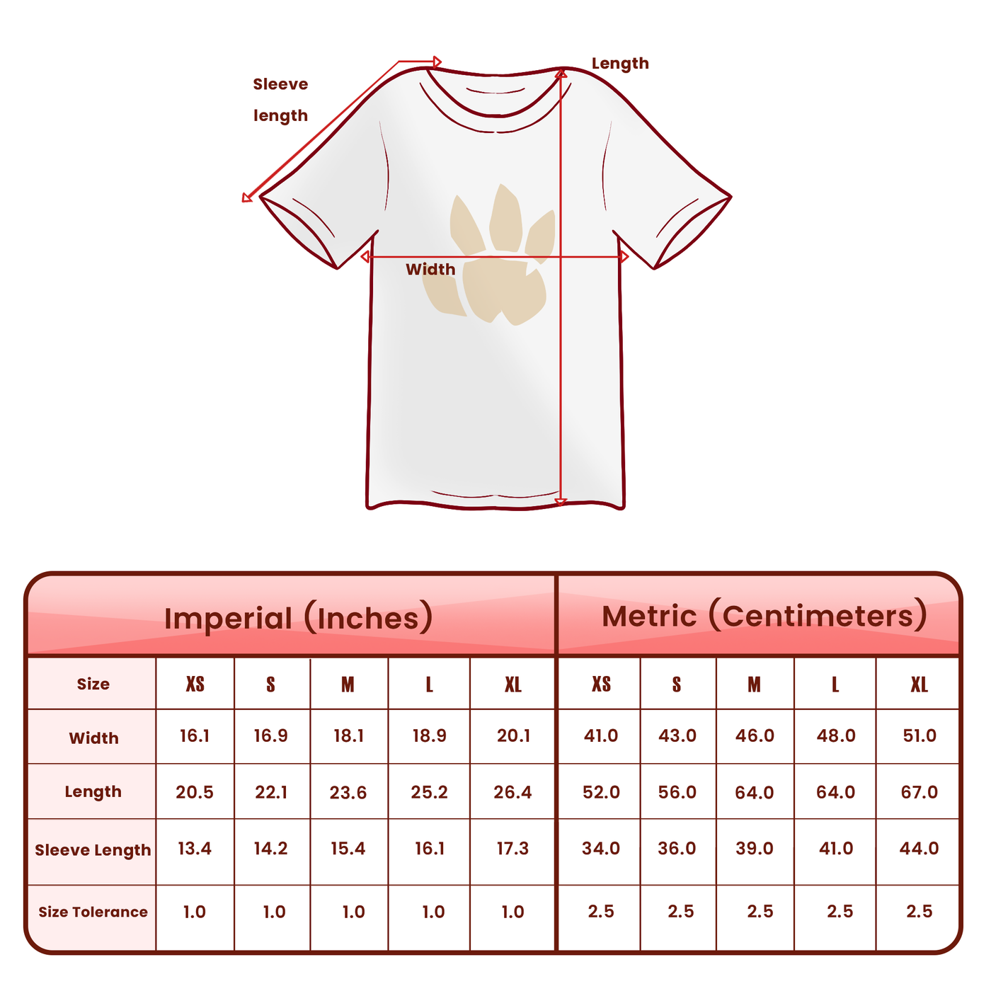 Youth size chart for Dimensional Tee
