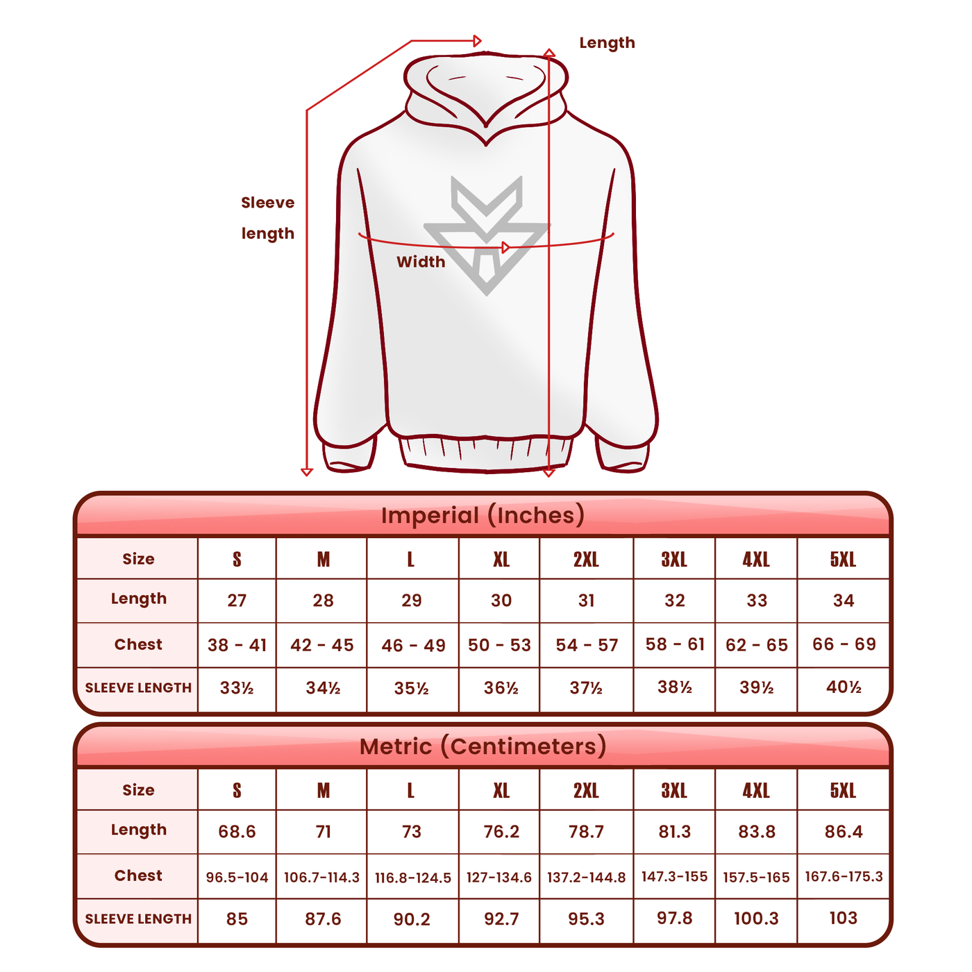 Adult size chart for Overseer Zip Up Adult Hoodie